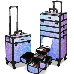 Byootique Rolling Makeup Train Case 3-Piece Cosmetic Organizer Kit Trolley Organizer Travel Case Lockable Salon Barber Case Traveling Cart Trunk with Wheels for Makeup Artist Trave Nail,Mermaid Purple