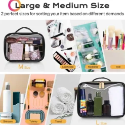 Byootique Set of 2 Clear Makeup Bag Cosmetic Organizer Travel Toiletry Pouch Handle Zipper for Makeup Artist Black