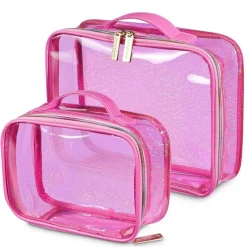 Byootique Set of 2 Clear Makeup Bag Cosmetic Organizer Travel Toiletry Pouch Handle Zipper for Makeup Artist Pink