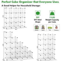 C&AHOME Cube Storage Organizer, 16-Cube Shelves Units, Closet Cabinet, DIY Plastic Modular Book Shelf, Ideal for Bedroom, Living Room, Office, 48.4" L × 12.4" W × 48.4" H Transparent White