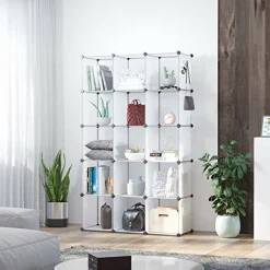 C&AHOME Cube Storage Organizer, 16-Cube Shelves Units, Closet Cabinet, DIY Plastic Modular Book Shelf, Ideal for Bedroom, Living Room, Office, 48.4" L × 12.4" W × 48.4" H Transparent White