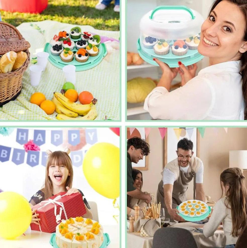 Cake Carrier with Handle, Cupcake Holder Deviled Egg Containers with Lid, 3-in-1 Multi-Purpose Food Storage for Dessert Baking Party Camping