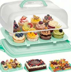 Cake Carrier with Lid and Handle, 12 Cupcake Holder & Rectangular Cake Container, BPA-Free Dessert Storage Box for Sheet Cakes, Muffins, Pies, Fruits & Snacks