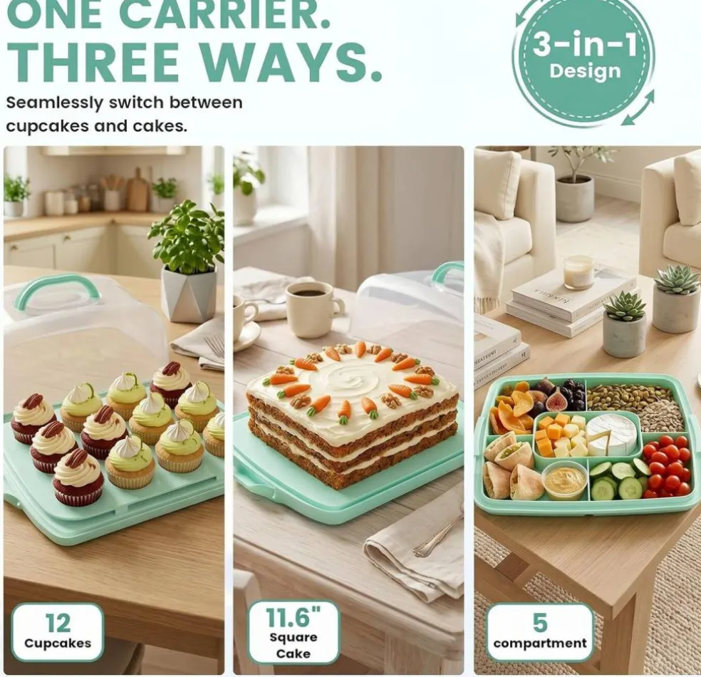 Cake Carrier with Lid and Handle, 12 Cupcake Holder & Rectangular Cake Container, BPA-Free Dessert Storage Box for Sheet Cakes, Muffins, Pies, Fruits & Snacks