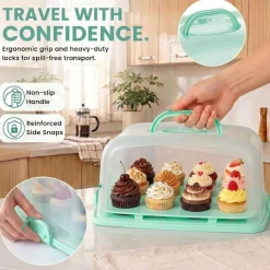 Cake Carrier with Lid and Handle, 12 Cupcake Holder & Rectangular Cake Container, BPA-Free Dessert Storage Box for Sheet Cakes, Muffins, Pies, Fruits & Snacks
