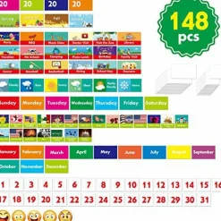Calendar and Weather Pocket Chart with 148 Cards 108 Illustrated Activity Cards 40 Dry Erasable Flash Cards and 3 Hooks 28 x 35.5 Inches