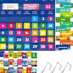 Calendar Pocket Chart Classroom Monthly Chart with 76 Cards 68 Illustrated Activity Cards 8 Dry Erase Blank Cards Plus 3 Over-Door Metal Hangers for Classroom Home or Preschool 20 x 19 Inches