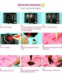 12 Capacity Silicone Lollipop Molds,Chocolate Hard Candy Mold with 50pcs 4 inch Lollypop sucker sticks,Candy Treat Bags,gold ties. (Bear pink)