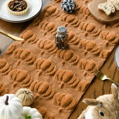 Caramel Soft Plush Faux Fur Jacquard Pumpkins Fall Table Runner, Seasonal Autumn Kitchen Dining Table Decoration for Home Party Decor 13x72 Inch