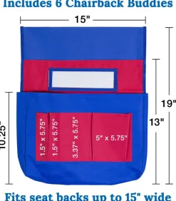 Carson Dellosa 6-Pack Blue and Red Chairback Buddy Pocket Chart Set, 15" x 19" Back of Chair School Supplies Pocket Organizer with Name Tag and 6 Chair Pockets for Classrooms, Classroom Organization