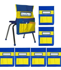Carson Dellosa 6-Pack Yellow & Blue Chairback Buddy Pocket Chart Set, 15" x 19" Back of Chair School Supplies Pocket Organizer With Name Tag and 6 Chair Pockets for Classrooms, Classroom Organization