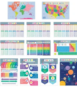 Carson Dellosa 12PC Educational Posters, 11" x 17" Maps, Addition, Place Value, Subtraction, Division, Multiplication Charts and Science Wall Art, Cross-Curricular Classroom Decor and Teacher Supplies