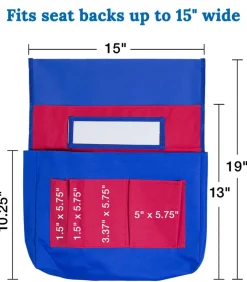Carson Dellosa 15"W x 19"H Blue and Red Chairback Buddy, Desk Chair Back Pocket Organizer for School Supplies with Name Tag, Classroom Organization and Storage