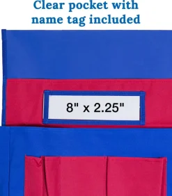 Carson Dellosa 15"W x 19"H Blue and Red Chairback Buddy, Desk Chair Back Pocket Organizer for School Supplies with Name Tag, Classroom Organization and Storage