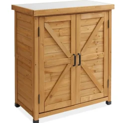 Casafield Outdoor Garden Potting Bench with Metal Tabletop and Storage Cabinet - Wooden Outdoor Garden Patio Workstation Table