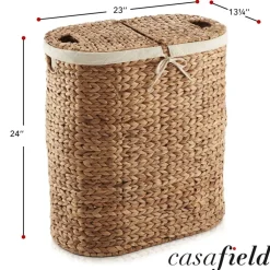 Casafield Oval Laundry Hamper with Lids and Removable Liner Bags, Woven Water Hyacinth 2-Section Laundry Basket Sorter for Clothes and Towels