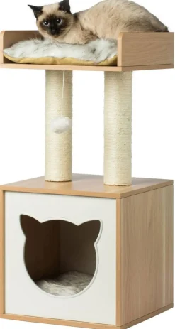 Cat Tree Play House Condo Cube Cave, Platform, Scratcher Post and Ball Toy