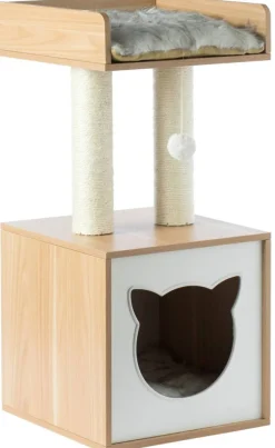 Cat Tree Play House Condo Cube Cave, Platform, Scratcher Post and Ball Toy