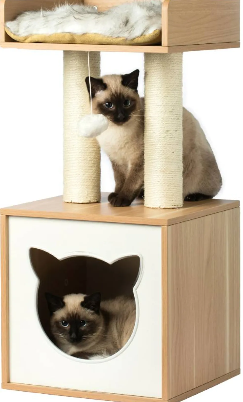 Cat Tree Play House Condo Cube Cave, Platform, Scratcher Post and Ball Toy