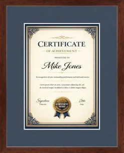 Certificate Frame 13.25x16.75 Brown Wood Hardwood With Navy Blue Mat - Fits 8.25x11.75