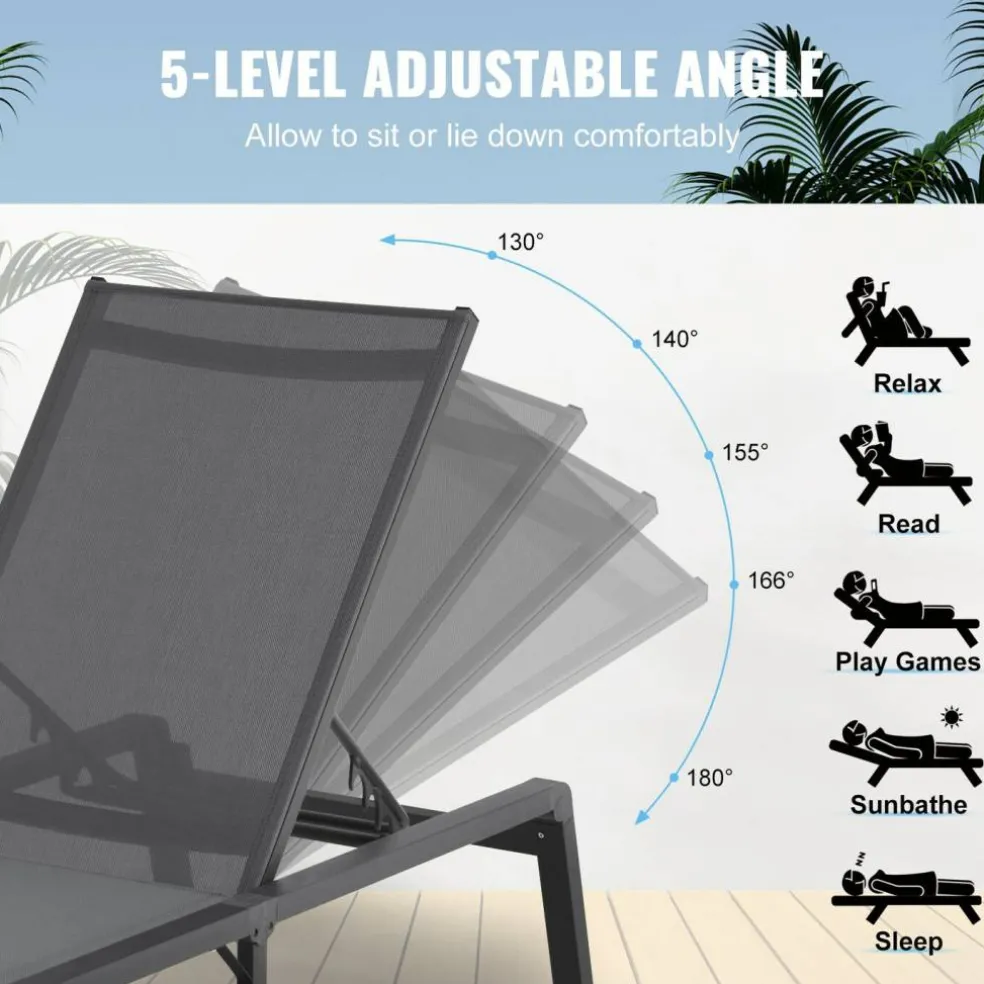Chaise Lounge Chair Outdoor Patio Adjustable 5 Position Aluminum Frame Breathable Fabric