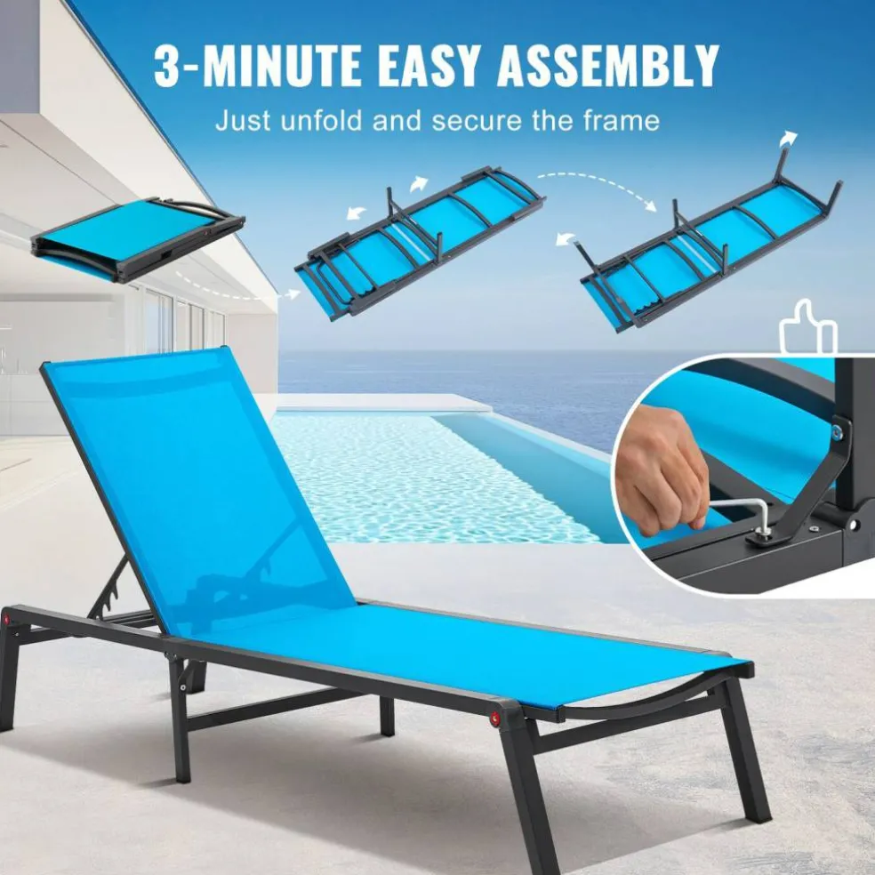 Chaise Lounge Chair Outdoor Patio Adjustable 5 Position Aluminum Frame Breathable Fabric