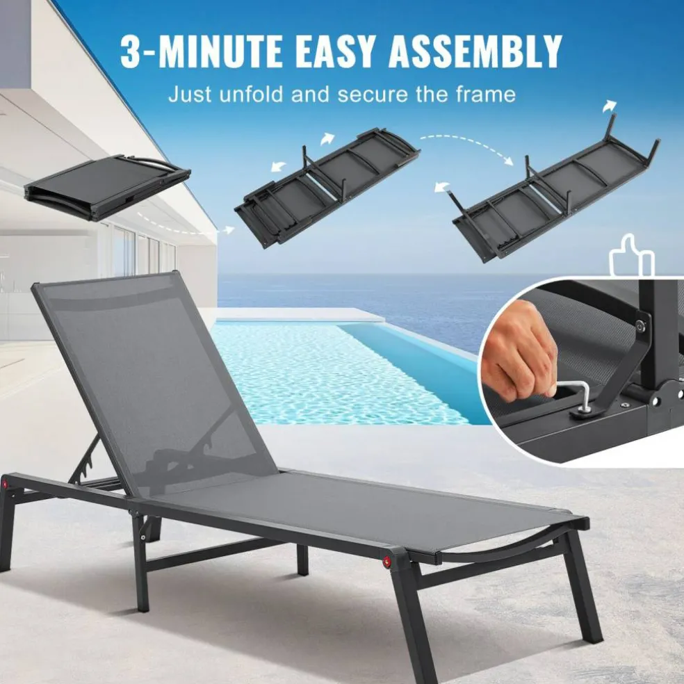 Chaise Lounge Chair Outdoor Patio Adjustable 5 Position Aluminum Frame Breathable Fabric