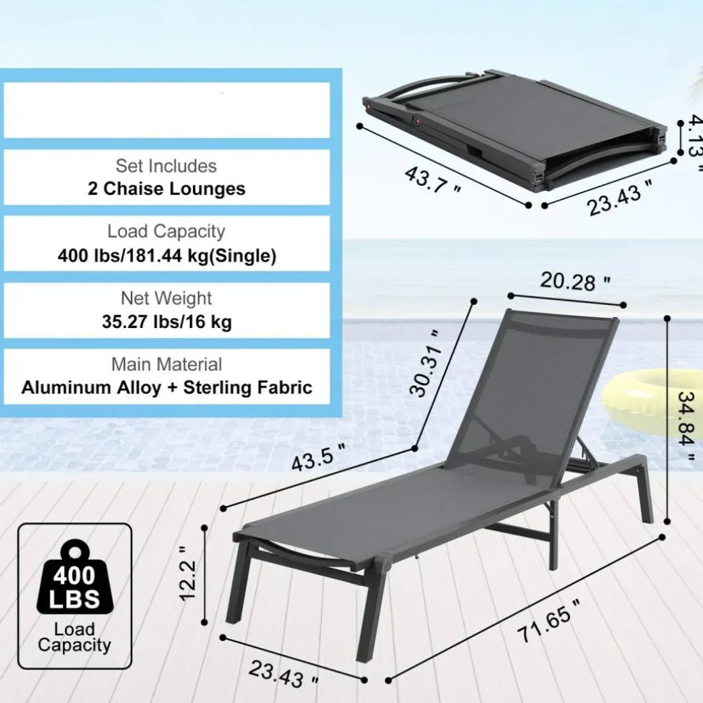 Chaise Lounge Chair Outdoor Patio Adjustable 5 Position Aluminum Frame Breathable Fabric