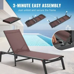 Chaise Lounge Chair Outdoor Patio Adjustable 5 Position Aluminum Frame Breathable Fabric