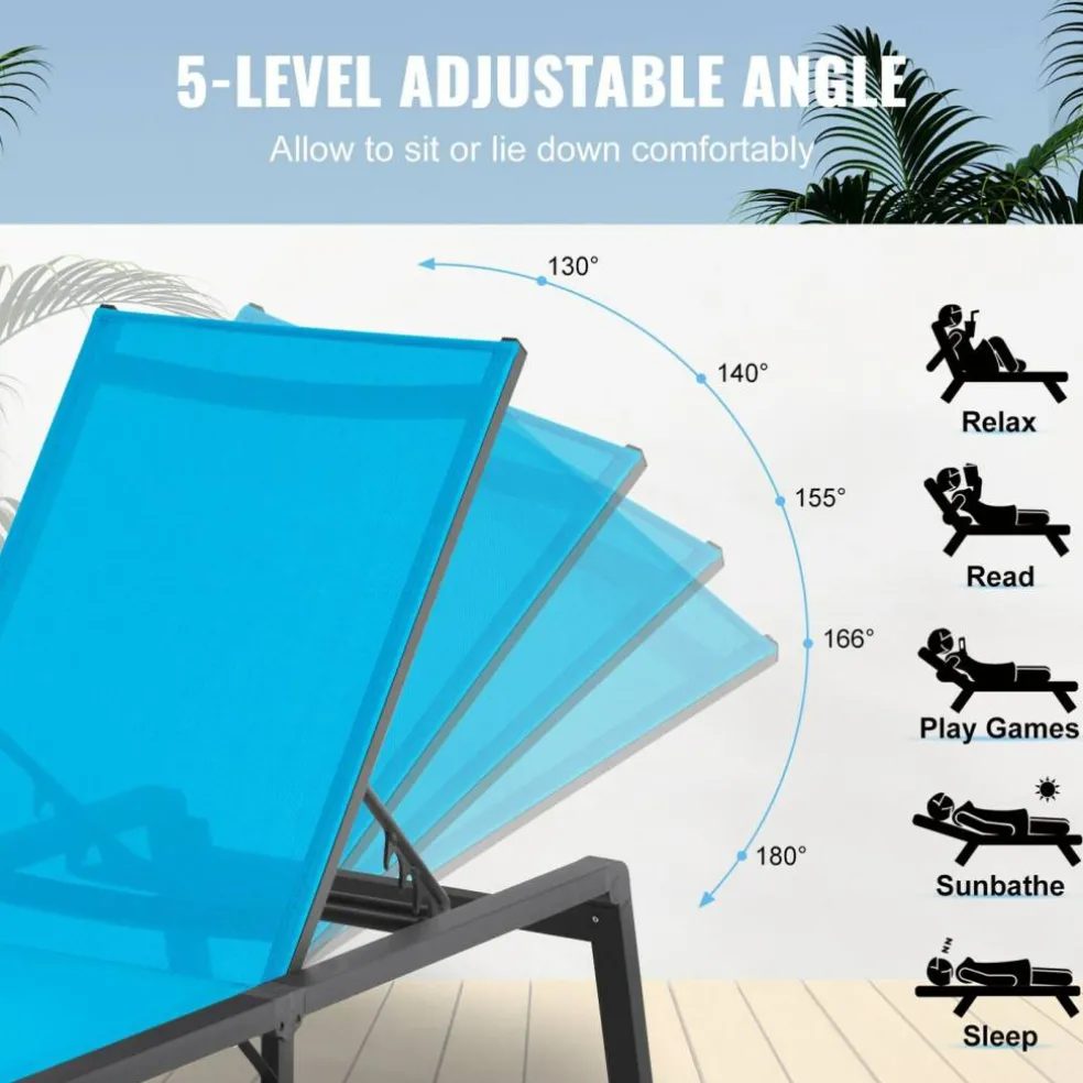 Chaise Lounge Chair Outdoor Patio Adjustable 5 Position Aluminum Frame Breathable Fabric