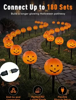 C7 Halloween Pumpkin Pathway Lights, 7 Ft Outdoor Pumpkin String Lights with 4 Clear C7 Bulbs & Stakes, Halloween Driveway Marker Lights for Lawn, Garden, Walkway, Party Decor