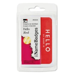 Charles Leonard Red Hello Self-Adhesive Name Badges, 12 Packs of 100