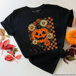 Checkered Floral Pumpkin T-Shirt, Retro Preppy Halloween Tee for Spooky Season Vibes