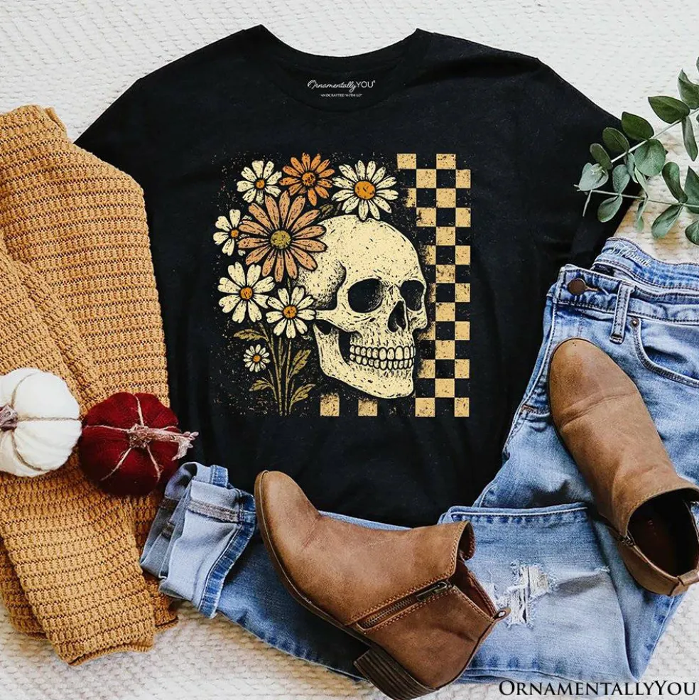 Checkered Floral Skeleton T-Shirt, Vintage Skull Daisy Halloween Tee