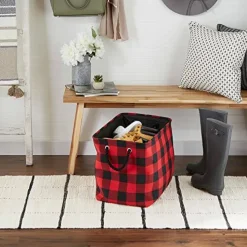 Check Storage Collection Collapsible Bin with Handles, Large Rectangle, 17.5x12x15, Red & Black
