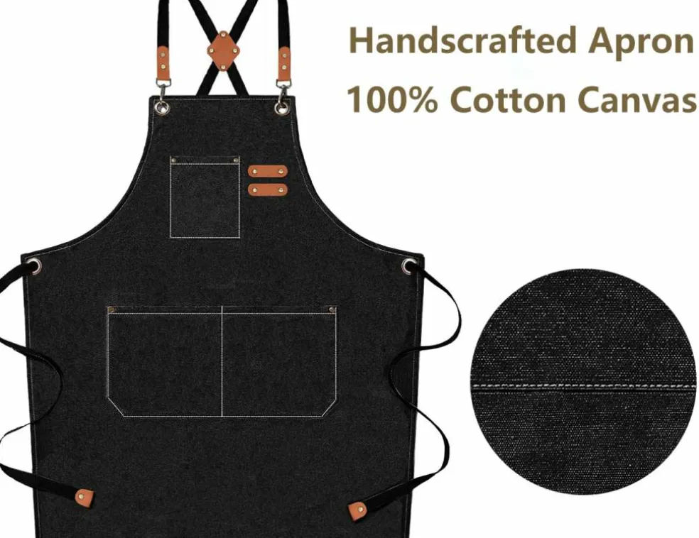 Chef Aprons for Men Women with Oversized Pockets, 16-Ounce Cotton Canvas Cross Back Heavy Duty Work Apron (Black)