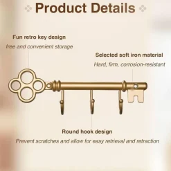 Classic Wall Mounted Key Holder Hook Rack, Vintage Style Entryway Key Organizer with 3 Hooks – Gold Metal Wall Storage Rack for Home Décor