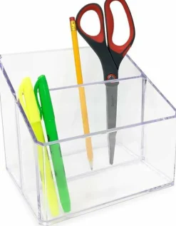Clear Acrylic 2-Section Organizer, Remote Holder & Multi-Functional Makeup, Brush, Pen & Pencil Storage Solution, for The Home, Bathroom, Office, Child’s Desk (2-Section, Clear)