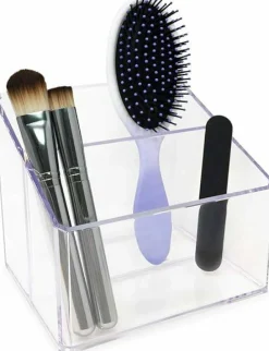 Clear Acrylic 2-Section Organizer, Remote Holder & Multi-Functional Makeup, Brush, Pen & Pencil Storage Solution, for The Home, Bathroom, Office, Child’s Desk (2-Section, Clear)