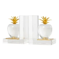 6" Clear Crystal Fruit Apple Bookends with Gold Leaves Set