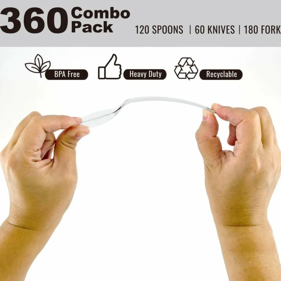 Clear Disposable Cutlery set - 360 Pieces: 180 Forks, 120 Spoons, 60 Knives