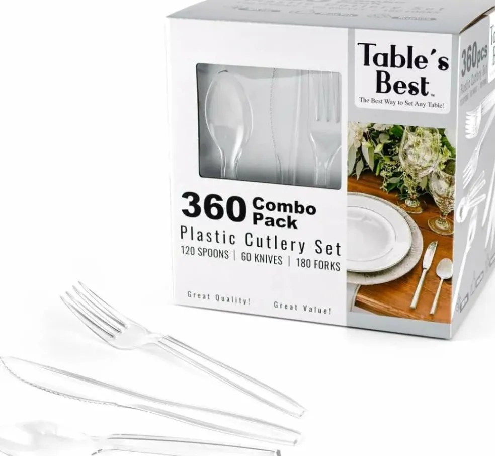 Clear Disposable Cutlery set - 360 Pieces: 180 Forks, 120 Spoons, 60 Knives