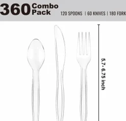 Clear Disposable Cutlery set - 360 Pieces: 180 Forks, 120 Spoons, 60 Knives