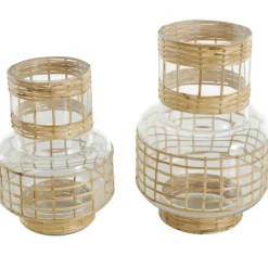 Clear Glass Double Ring Rattan Wrapped Vase Set