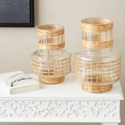 Clear Glass Double Ring Rattan Wrapped Vase Set