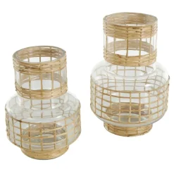 Clear Glass Double Ring Rattan Wrapped Vase Set