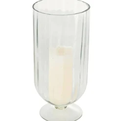 Clear Glass Ribbed Fluted Decorative Candle Holder with Elevated Base