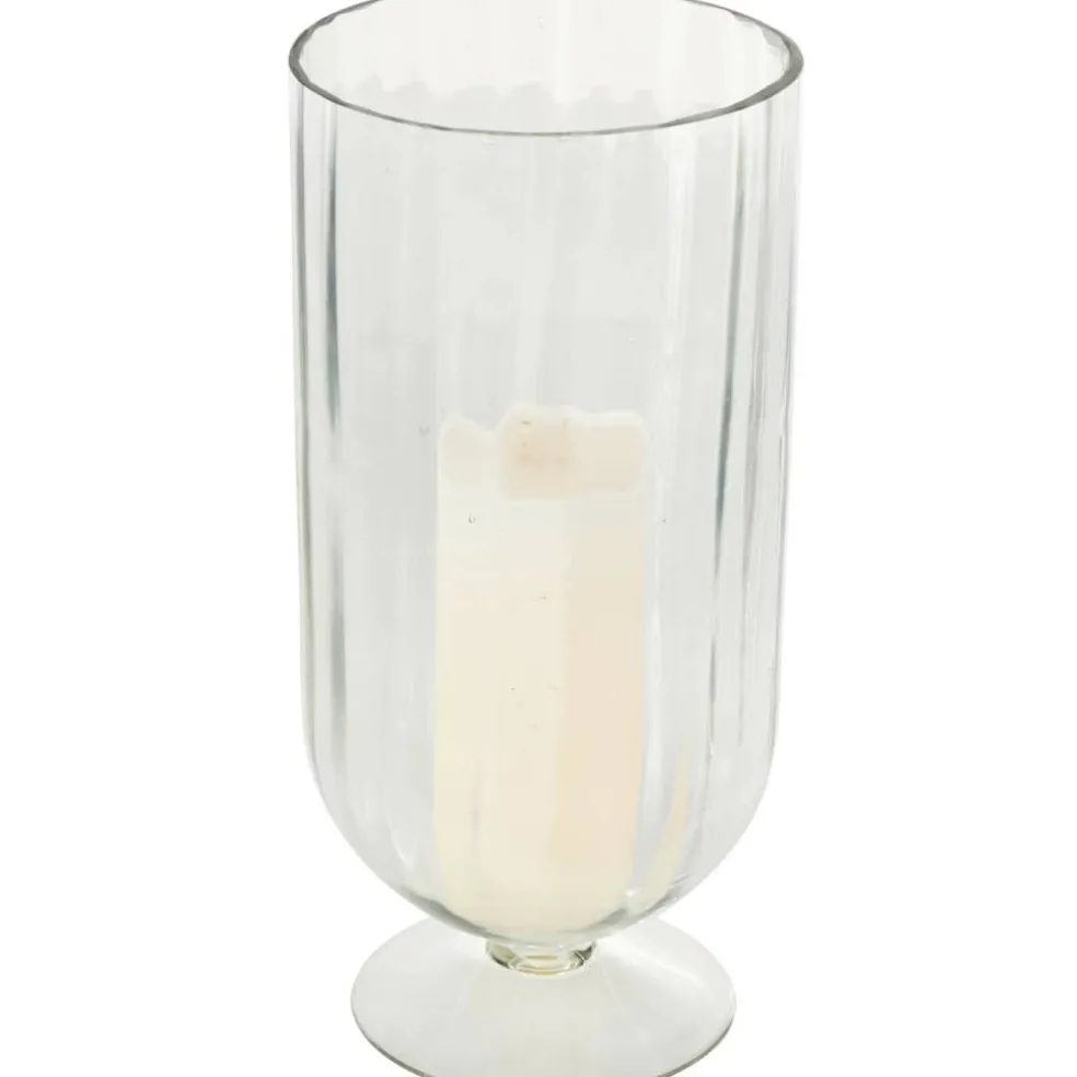 Clear Glass Ribbed Fluted Decorative Candle Holder with Elevated Base