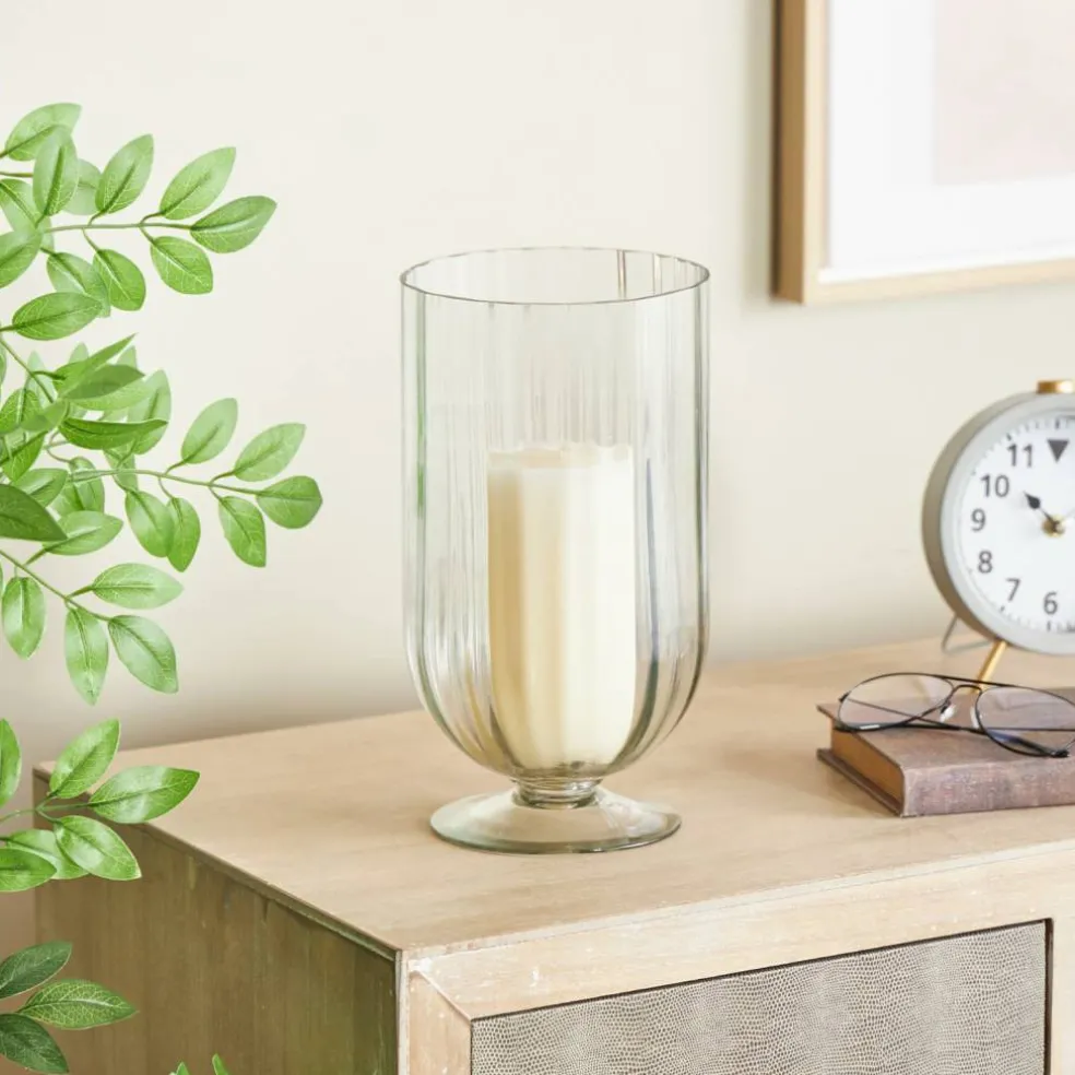 Clear Glass Ribbed Fluted Decorative Candle Holder with Elevated Base
