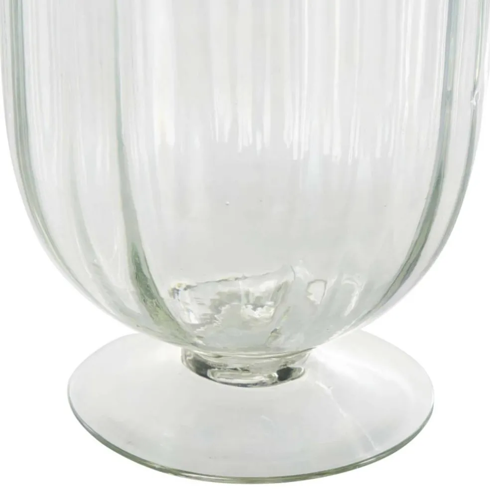 Clear Glass Ribbed Fluted Decorative Candle Holder with Elevated Base